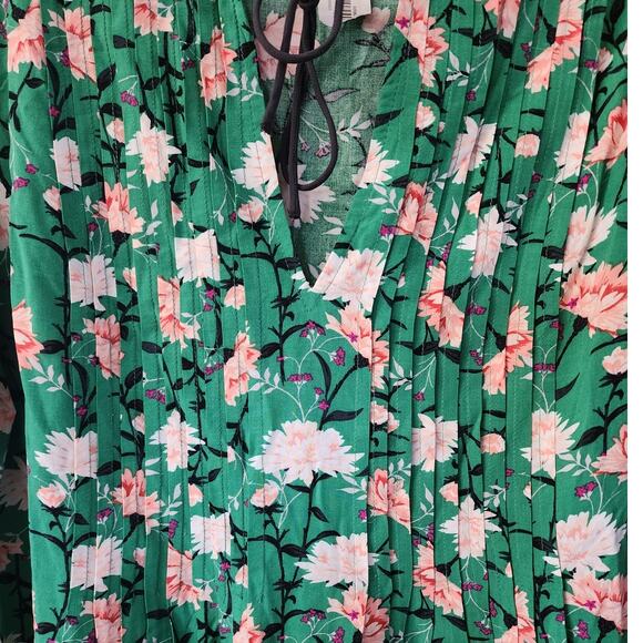 Old Navy Green Floral Ruched Tie Front Mini Long Sleeve Peasant Dress Size Small - Picture 4 of 6